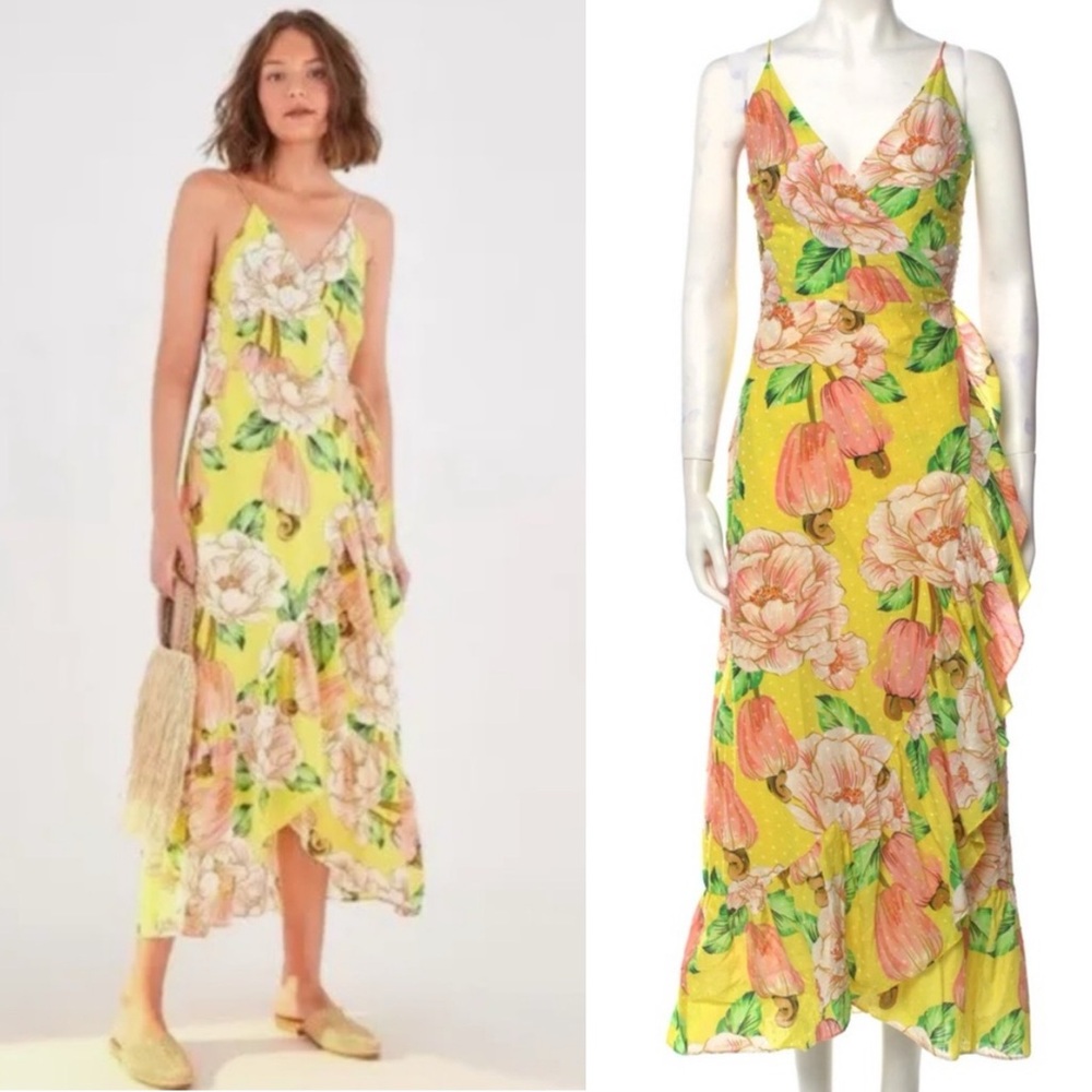 Farm Rio Wrap Dress Anthropologie Magnolia Yellow Floral Neoma Ruffle